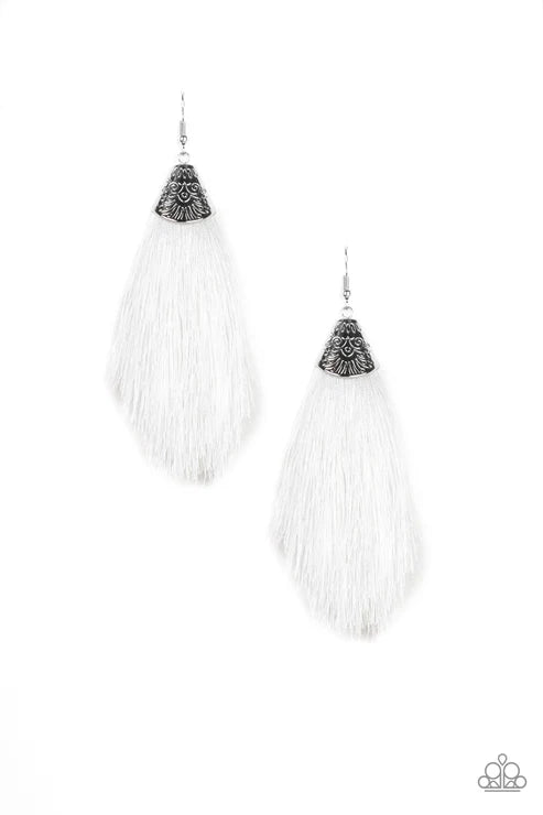 Tassel Temptress - Oversized White Soft Plume Stamped Tribal Textured Fox Tassel Earrings E#7319
