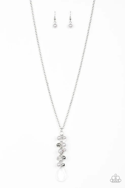 Teardrop Serenity - Oversized Smoky Silver/Gray Pearl Crystal Tassel Teardrop Necklace N#5585