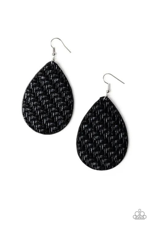Teardrop Trend - Oversized Black Wicker Basket Leather Teardrop Earrings E#3970