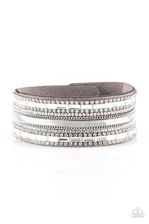 Teasingly Tomboy - Silver Mismatched Chain Emerald-Cut Encrusted Suede Bracelet B#4245