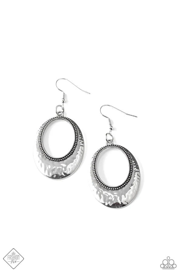 Tempest Texture - Silver Oval Beveled Studded Hammered Earrings E#6770