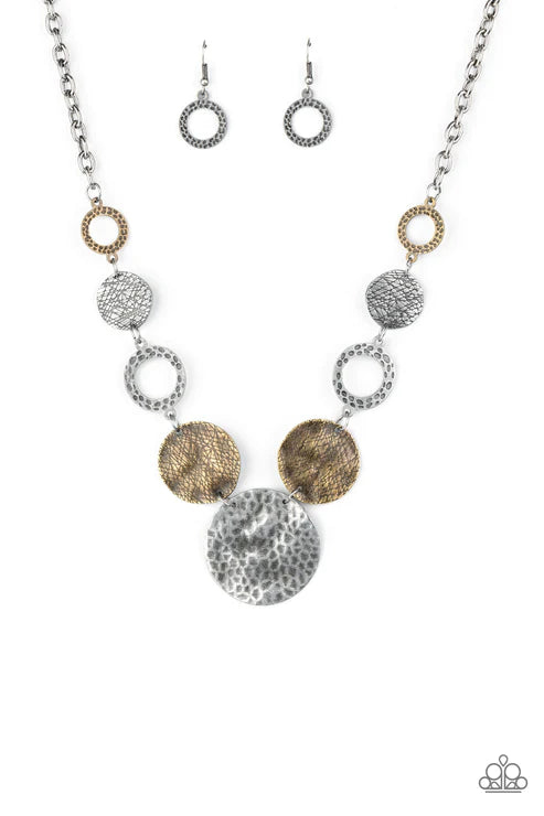 Terra Adventure - Silver (Brass/Tin/Silver) Mismatched Imperfect Scratched Hammered Disc/Hoops Necklace N#4536