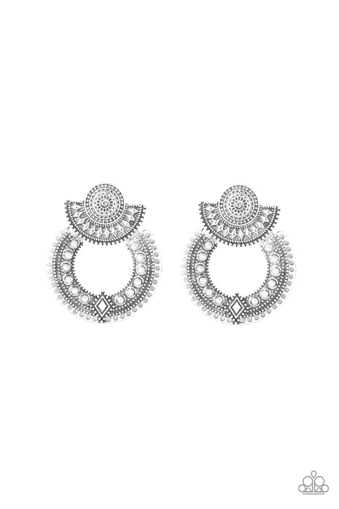 Texture Takeover 2 - Oversized Silver Round/Half-Moon Studded Embossed Ornate Textured Tribal Stacked Earrings E#4429