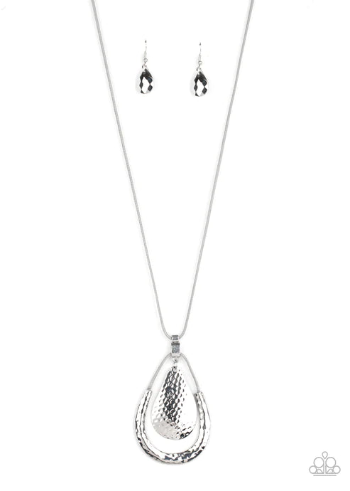 Texture Trekker - Oversized Silver Hammered "Swing" Accent Teardrop Necklace N#3142
