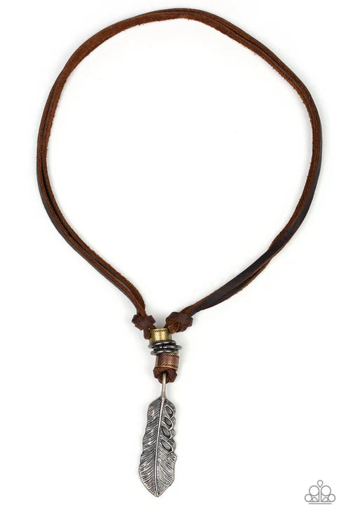 That QUILL Be The Day - Oversized Brown Antiqued 3D Feather Leather Knotted Sliding Knot Closure Urban Necklace N#6594