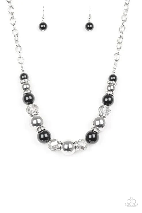 The Camera Never Lies - Oversized Black/Silver/Smoky Crystal-like Stone White Encrusted Rings Dramatic Necklace N#7410