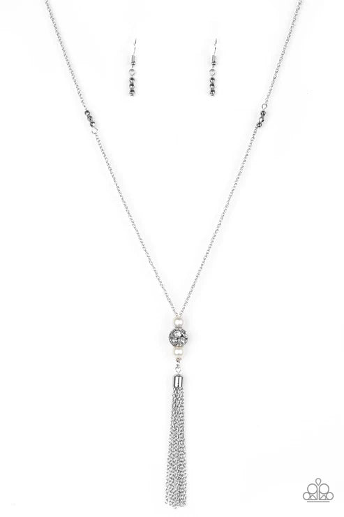 The Celebration Of The Century - White Pearl Faceted Encrusted Tassel Necklace N#3844