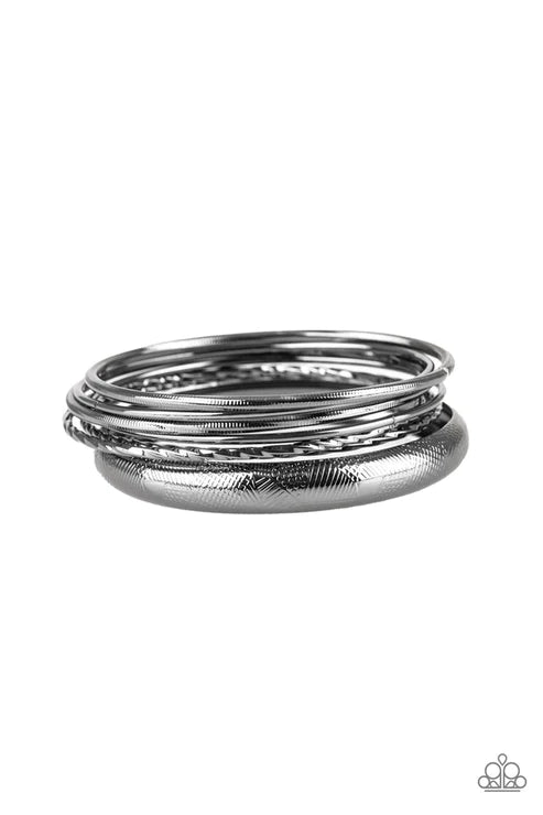 The Customer Is Always BRIGHT - Oversized Black Mismatched Textured Bangle Bracelet Stack B#3787