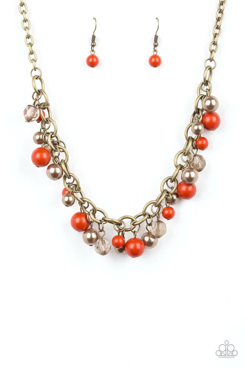 The GRIT Crowd - Orange/Brass Pearl Crystal Fringe Necklace N#5426