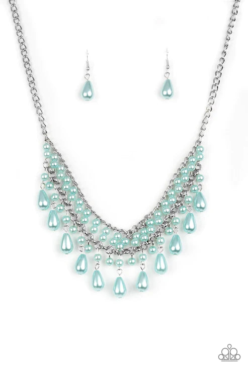 The Guest List - Metallic Blue Pearl Rod Teardrop Stacked Fringe Necklace N#3595
