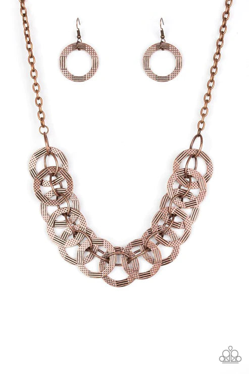 The Main Contender - Oversized Copper Etched Diamond-Cut Hammered Interlock Circles Industrial Necklace N#5893