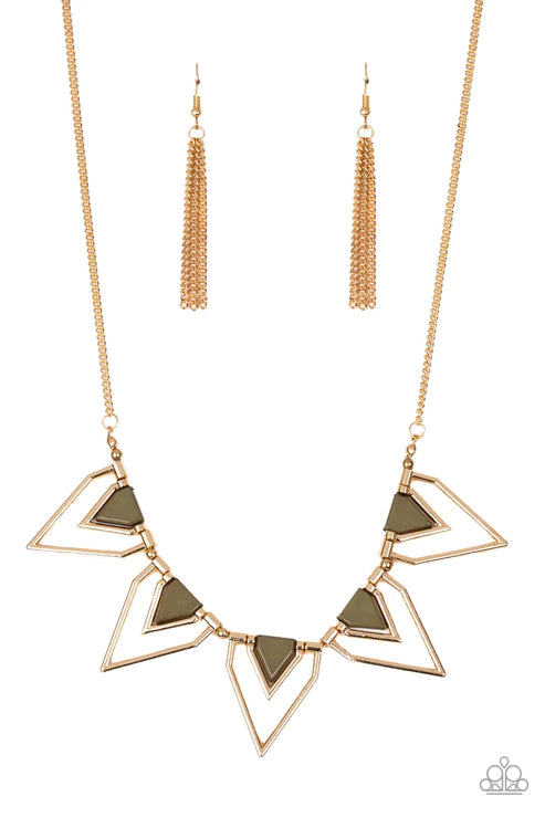 The Pack Leader - Green/Gold Geometric Triangular Fringe Necklace N#3564