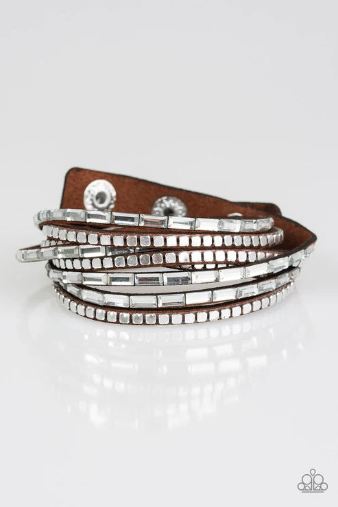 This Time With Attitude - Oversized Brown Elongated White/Silver Encrusted Emerald Cut Flat Cubed Suede Double Wrap Adjustable Snap Closure Bracelet B#4223