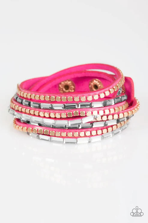 This Time With Attitude - Oversized Pink Elongated Smoky/White/Gold Encrusted Emerald Cut Flat Cubed Suede Double Wrap Adjustable Snap Closure Bracelet B#4084