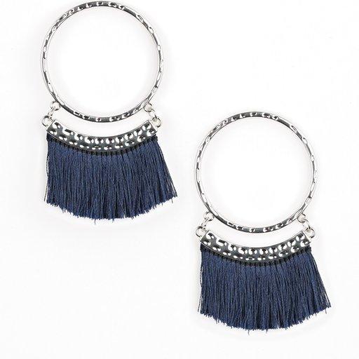 This Is Sparta! - Blue/Silver Hammered Thread Tassel Hoop Earrings E#6948