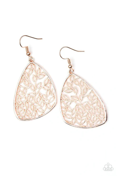 Time To LEAF - Rose Gold Asymmetrical Filigree Leaf Earrings E#3010