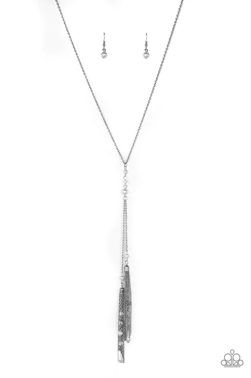 Timeless Tassels - White Pearl Crystal Duo Chain Ornate Tassel Necklace N#5415