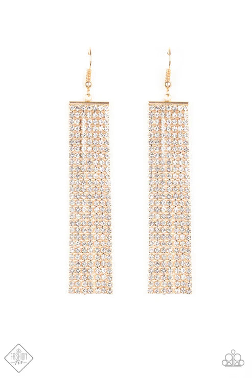 Top-Down Shimmer - Oversized Gold Encrusted Stream Fringe Earrings E#5820