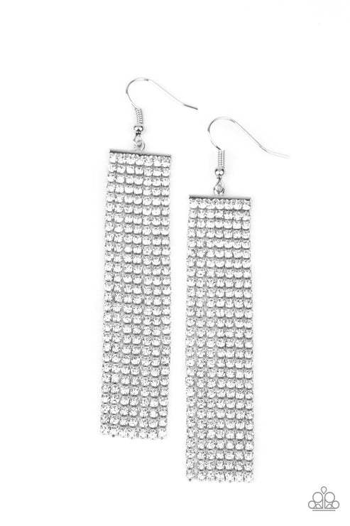 Top-Down Shimmer - Oversized White Encrusted Stream Fringe Earrings E#5977