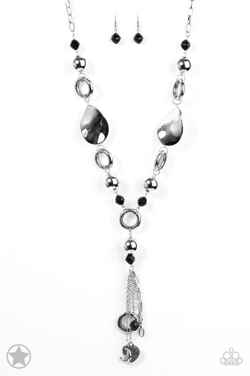 Total Eclipse Of the Heart - Oversized/Chunky Black Pearl Crystal Curved Eclipse Plates 3D Charms/Crescent Moon/Heart Accent Rings Necklace N#5600