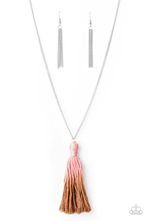 Totally Tasseled - Oversized Pink Ombre (Rose Tan/Brown) Knotted Tassel Necklace N#4775