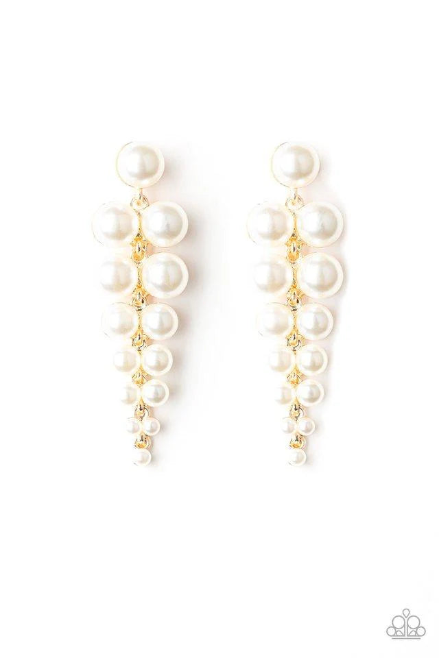 Totally Tribeca - Oversized Gold Pearls Drip Solitaire Pearl Coalescing Dramatic Triangular-Shaped Lure Earrings E#7208