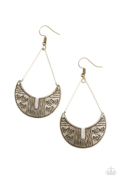 Trading Post Trending - Oversized Brass Stamped Tribal Crescent Triangular Indigenous Earrings E#3841