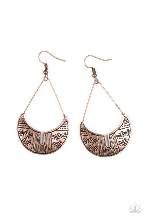 Trading Post Trending - Oversized Copper Stamped Tribal Crescent Triangular Indigenous Earrings E#3822