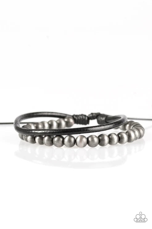 Tranquil Trails - Silver/Black Metallic Leather Cording Adjustable Sliding Knot Closure Urban Bracelet B#1686