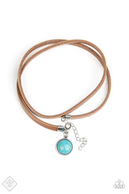 Tranquil Trekker - Blue Elongated Brown Leather Triple Wrap Stone Charm Versatile Piece Bracelet B#3403