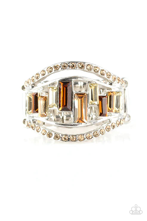 Treasure Chest Charm - Brown (Brown/White) Topaz Emerald Cut Encrusted Ring R#6403