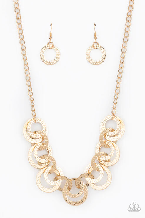 Treasure Tease - Gold Shimmer Hammered Connected Disc Industrial Necklace n#3427