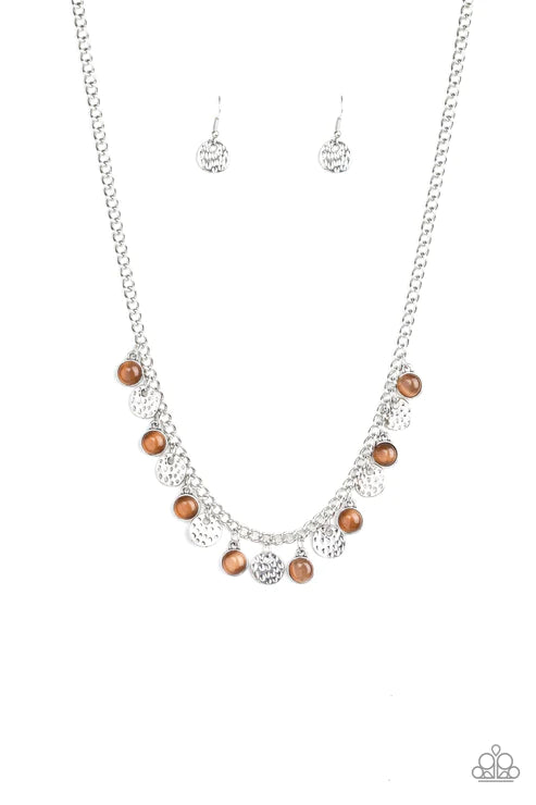 Treasure Tour - Brown Cat's Eye Moonstone Hammered Disc Fringe Necklace N#5601