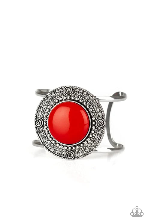 Tribal Pop - Oversized Red Round Swirl Filigree Cuff Bracelet B#4688
