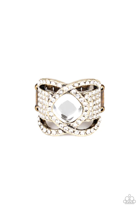 Triple Crown Twinkle - Oversized Brass Interweaved Nestled Regal Cut Encrusted Stacked Ring R#5665