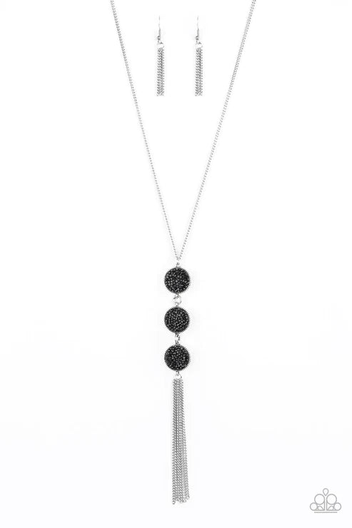 Triple Shimmer - Black Glitter Hematite Prism Triple Stack Tassel Necklace N#5440