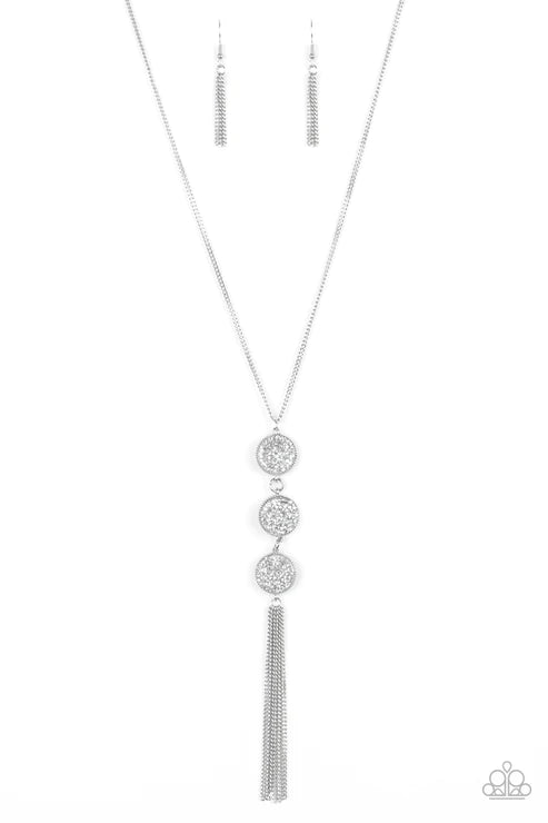 Triple Shimmer - White Smoky Glitter Hematite Prism Triple Stack Tassel Necklace N#5936