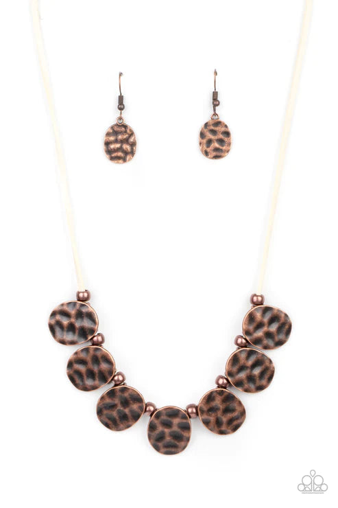 Turn Me Loose - Copper/White Oval Hammered Asymmetrical Suede Fringe Necklace N#3268