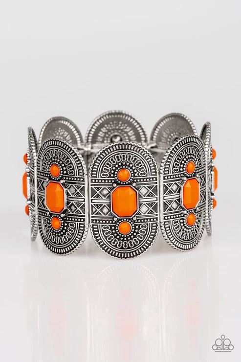 Turn Up The TROPICAL Heat - Oversized Orange (Turmeric) Ornate Faceted Rounded Textured Tribal Bracelet B#3402