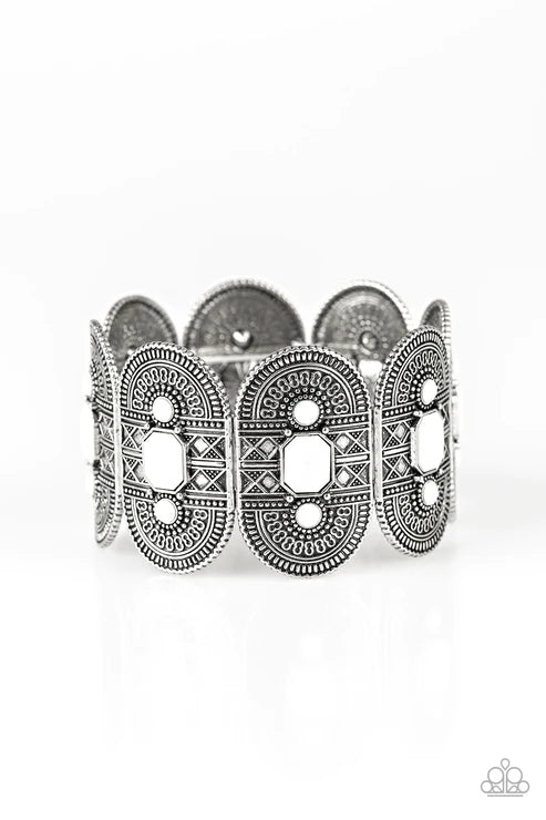 Turn Up The TROPICAL Heat - Oversized White Ornate Faceted Rounded Textured Tribal Bracelet B#2208
