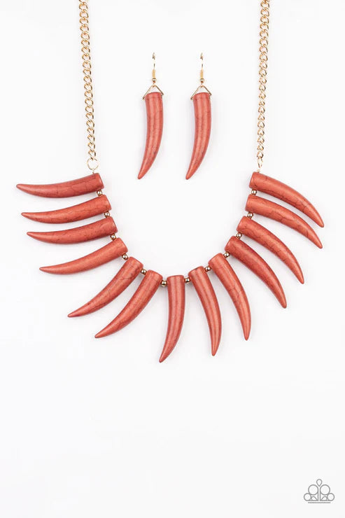 Tusk Tundra - Oversized Cinnamon Stick Brown/Gold 3D Wild Tusk Stone Fringe Necklace N#3171