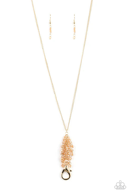 Twilight Twinkle - Gold Twinkling Beads/Rods Sparkling Fringe Oversized Lobster Clasp Lanyard Necklace N#7112
