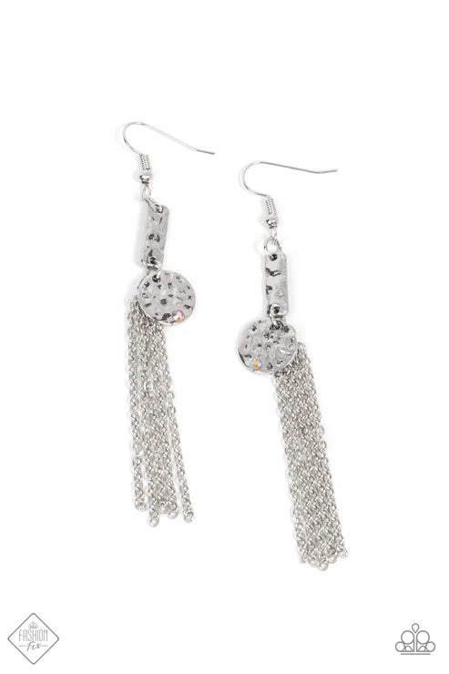 Twinkle Twinkle Little Trinket - Multi Silver Chains Stream Hammered Bar/Disc Dotted Iridescent Topaz Encrusted Charismatic Finish Earrings E#7359