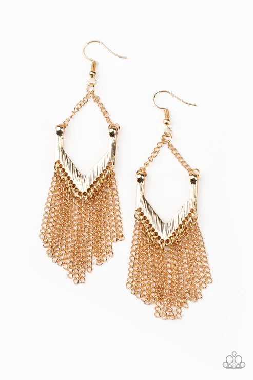 Unchained Fashion - Gold Chevron Chain Fringe Earrings E#3373