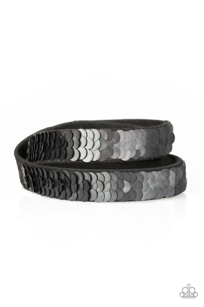 Under The SEQUINS - Gold/Black Elongated Reversible Mermaid Stitched Sequins Suede Double Wrap Adjustable Snap Closure Bracelet B#4240
