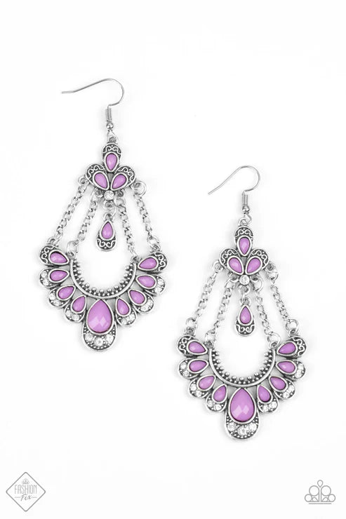 Unique Chic - Oversized Purple Faceted Encrusted Decorated Texture Filigree Suspended Cluster Teardrop Earrings E#3199