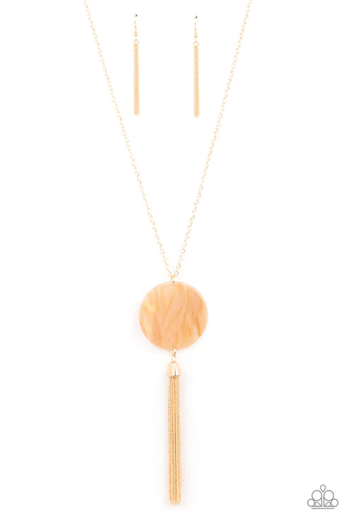 Up FAUX Grabs - Oversized Orange/Gold (Coral) Shell Disc Tassel Necklace N#4554