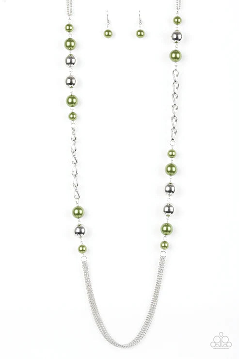 Uptown Talker - Oversized Green/Silver Pearl Chain Drape Necklace N#5551