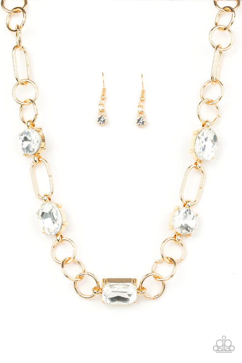 Urban District - Oversized Gold Round/Oval/Emerald Cut Mismatched Ring Necklace N#2731