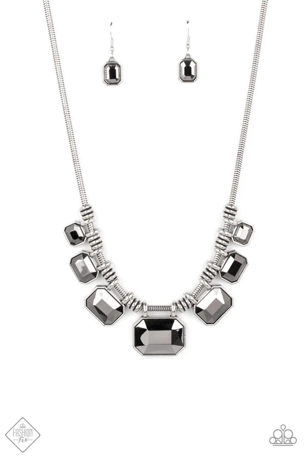 2-Piece Silver Oversized Smoky Hematite Encrusted Emerald Cut Set SET#6912